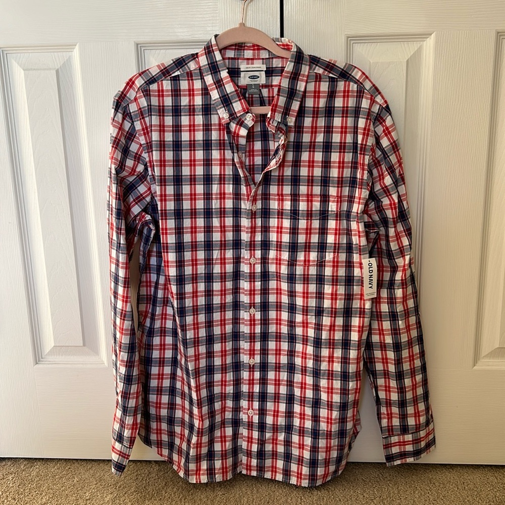 Old Navy red, white, and blue plaid shirt